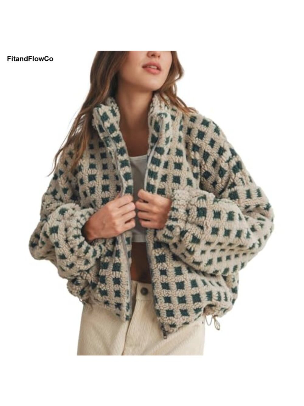 Sherpa Fleece Cropped Plaid Jacket Zip Up Casual Coat